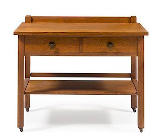 * Arts and Crafts, FIRST QUARTER 20TH CENTURY, an oak server, having a rectangular top over two drawers raised on squared leg