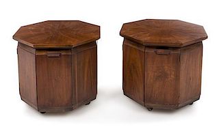 * American, c. 1960, a pair of Arts and Crafts style octagonal occasional tables/cabinets, on casters