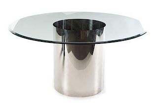 * American, c.1980, a chromed metal and glass dining table
