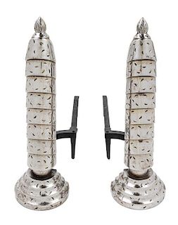 Art Deco, USA, c.1930, a pair of nickel and iron andirons