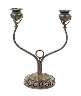 * Tiffany Studios, EARLY 20TH CENTURY, a jeweled bronze two-light candelabrum