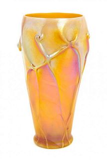 * Tiffany Studios, EARLY 20TH CENTURY, Favrile glass vase, of tapering form with raised decoration in gold iridescence