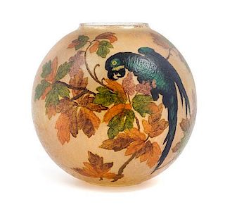 * Handel, EARLY 20TH CENTURY, a reverse painted globe, of spherical form decorated with parrots