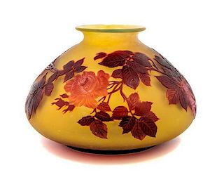 * Emile Galle, (French, 1846-1904), a cameo glass vase, of low form with foliate decoration