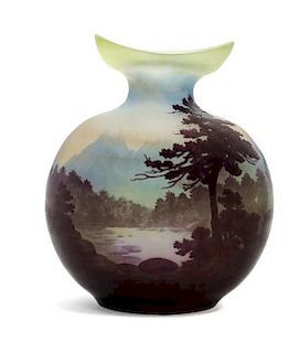 * Emile Galle, (French, 1846-1904), a cameo glass vase, of flask form with landscape decoration