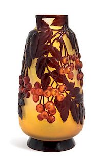 * Emile Galle, (French, 1846-1904), a mold blown cameo glass vase, with cherry decoration