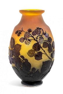* Emile Galle, (French, 1846-1904), a mold blown cameo glass vase, with raspberry decoration