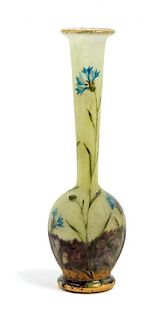 * Daum, EARLY 20TH CENTURY, a miniature enameled cameo glass cabinet vase, of bottle form decorated with flowers in a landsca
