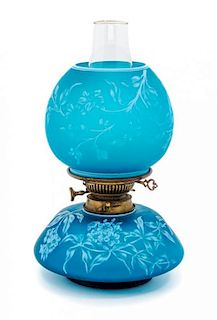 * Thomas Webb & Sons, LATE 19TH CENTURY, a cameo glass oil lamp, the shade and base with conforming foliate and insect decora