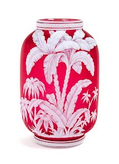 * English, LATE 19TH CENTURY, a cameo glass vase, of barrel form with palm tree decoration, unsigned