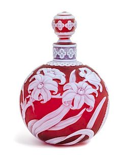 * English, LATE 19TH CENTURY, a cameo glass perfume bottle, the bottle and stopper each of spherical form will allover foliat