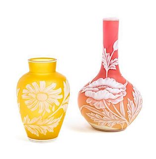 * English, LATE 19TH CENTURY, two cameo glass vases, one of bottle form, the other ovoid, each with floral decoration