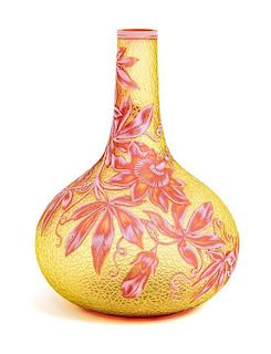 * English, LATE 19TH CENTURY, a cameo glass vase, of bottle form with foliate decoration on a crackle ground