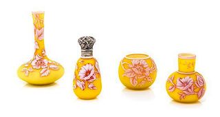 * English, 19TH/20TH CENTURY, four cameo glass cabinet vases, comprisng two vases of bottle form, a spherical vase and a silv