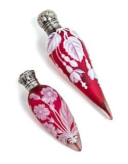 * English, LATE 19TH CENTURY, two silver mounted cameo glass perfume bottles, each of tapering form with floral decoration