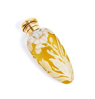* English, LATE 19TH CENTURY, a 15K yellow gold mounted cameo glass perfume bottle, of tapering form with floral decoration