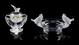 Lalique, a molded and frosted glass Igor pattern caviar dish, together with a Lalique bowl in the Two Sparrows pattern