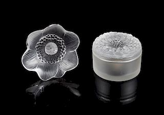 * Lalique, a pair of molded and frosted glass Anemone figural articles, comprising a paper weight and a box