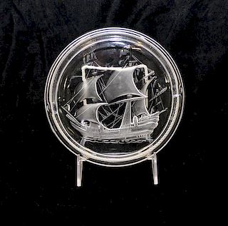 Lalique, a molded and frosted glass ash receiver, decorated with a ship