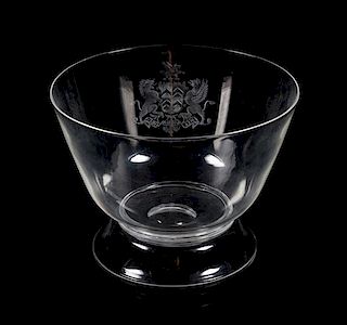 * Steuben, a glass bowl, of footed form with engraved armorial