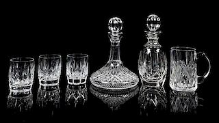 * Waterford, a pair of crystal decanters, together with three old fashioned glasses and a tankard