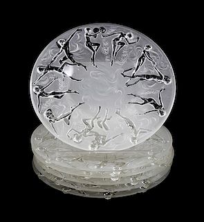 * A Set of Six Art Deco Molded and Frosted Glass Dessert Plates Diameter 8 1/4 inches
