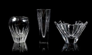 Orrefors, two glass vases, together with an unmarked glass vase