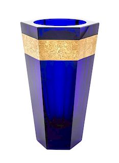 Moser, a cobalt blue vase, of tapering hexagonal form with gilt band decorated with classical figures