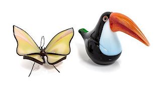 * Orient & Flume, CHICO, CA, a group of two glass figures, comprising a toucan by Mike Shaw, and a butterfly dated May 1977