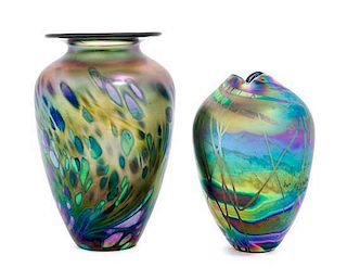 * Brian Maytum, BOULDER, CO., 1985, an iridescent glass vase, accompanied by another studio made glass vase
