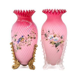 * Two Victorian Enameled Peachblow Glass Vases, attributed to Webb Height 14 1/4 inches