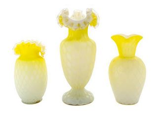 * Three Victorian Mother-of-Pearl Satin Glass Articles Height of tallest 9 1/2 inches