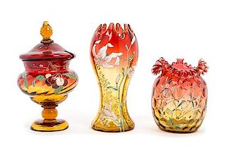 * Three Victorian Amberina Glass Articles Height of tallest 10 inches