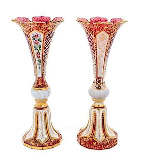 * A Pair of Bohemian Enameled Cased Glass Vases Height 9 1/4 inches
