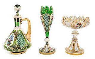 * Three Bohemian Enameled Cased Glass Articles Height of tallest 10 inches