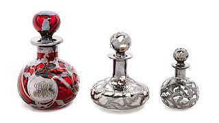 * Three Silver Overlay Glass Perfume Bottles Height of tallest 5 1/4 inches