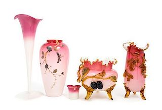* Five Peachblow Glass Vases Height of tallest 14 1/2 inches