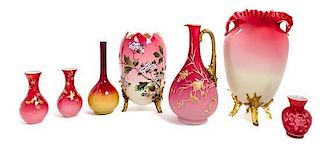 * Seven Peachblow Glass Vases Height of tallest 12 1/2 inches
