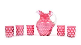 A Cranberry Coin Dot Drink Set Height of pitcher 9 inches.