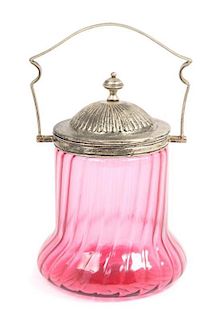 A Silver-Plate Mounted Cranberry Glass Biscuit Barrel Height over handle 10 1/4 inches.