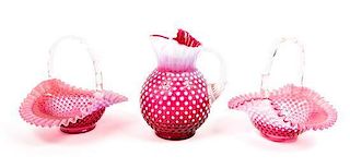 Three Cranberry Glass Hobnail Articles Height of first 9 3/4 inches.