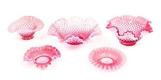 Five Cranberry Glass Hobnail Bowls Width of widest 10 1/4 inches