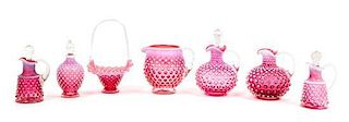 Seven Cranberry Glass Hobnail Articles Height of tallest 7 inches