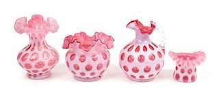 Four Cranberry Glass Coin Dot Articles Height of tallest 6 7/8 inches