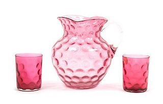 A Cranberry Glass Thumbprint Drink Set Height of pitcher 7 3/4 inches