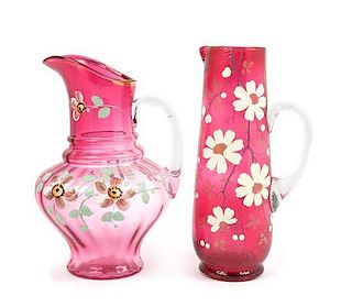 Two Painted Cranberry Glass Pitchers Height of taller 11 1/2 inches
