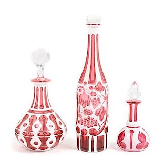 Three Bohemian Cased Glass Bottles Height of tallest 12 3/4 inches