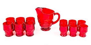 A Ruby Glass Drink Set Height of pitcher 7 3/4 inches