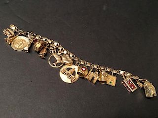 14K Yellow Gold Charm bracelet with all kinds decorations, marked. Weight 38.61 grams