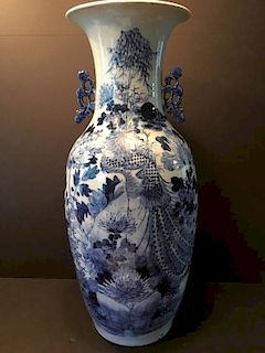 ANTIQUE Chinese Large Blue and White Vase with birds and flowers, 23" high, early 19th century